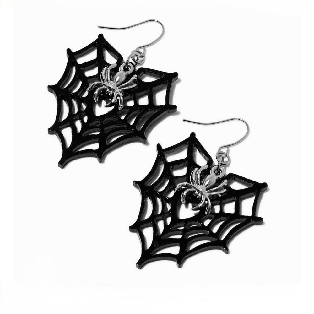 Black Spiderweb Heart Silver Spiders Drop Earrings NEW Halloween Party Costume